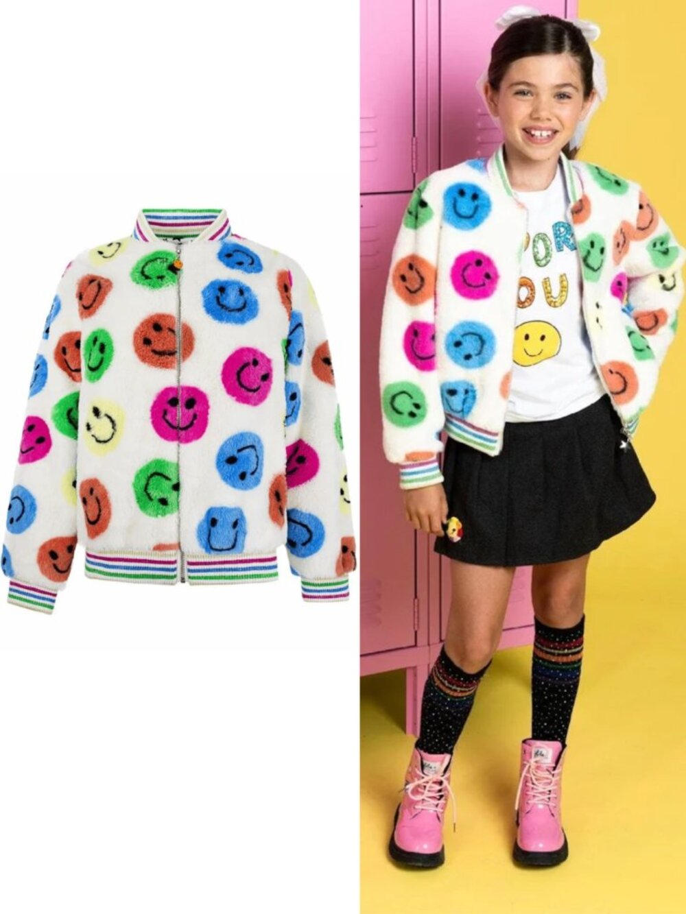 Lola + The Boys Liv & Lottie Girls Sherpa Smiley Face Bomber Jacket Cream